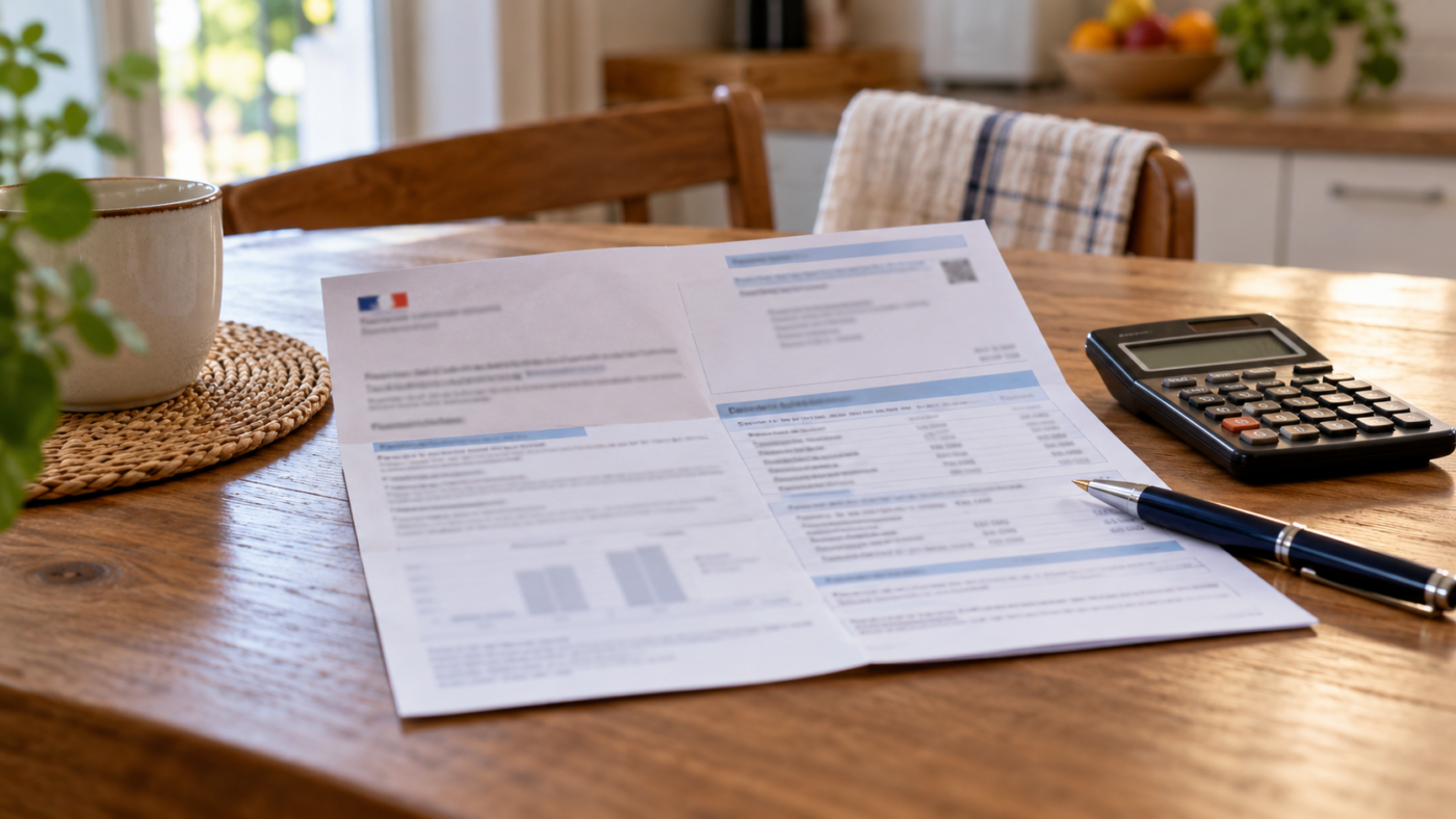 Un avis d’imposition ouvert sur une table de cuisine, à côté d’une calculatrice et d’un stylo