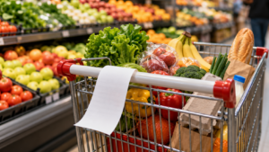 Un chariot de supermarché à demi rempli devant un rayon de fruits et légumes, un ticket de caisse posé sur la barre, sans visage reconnaissable.