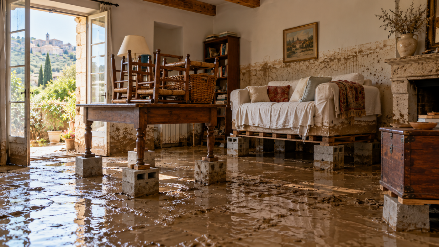 Salon d'une maison du Sud après une crue, trace de boue sur les murs et meubles posés en hauteur