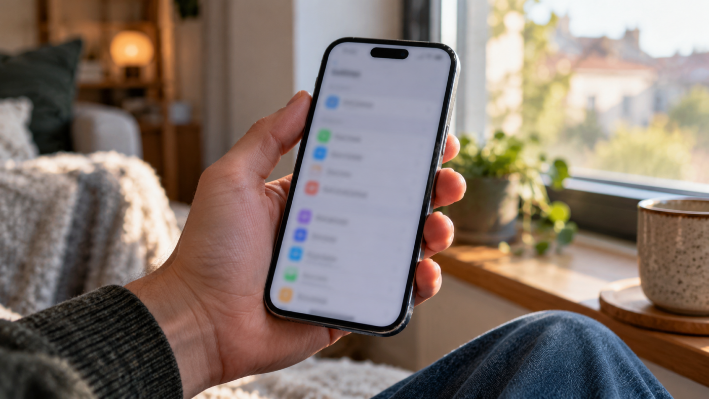 Une main tient un smartphone un peu usé près d’une fenêtre, l’écran allumé sur un menu de réglages flou