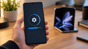 Une main tient un smartphone ouvert sur l’écran de mise à jour, un téléphone pliable flou à l’arrière-plan sur un bureau en bois