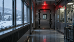 Couloir désert d’un laboratoire de haute sécurité, porte de sas fermée sous un voyant rouge, neige derrière la vitre