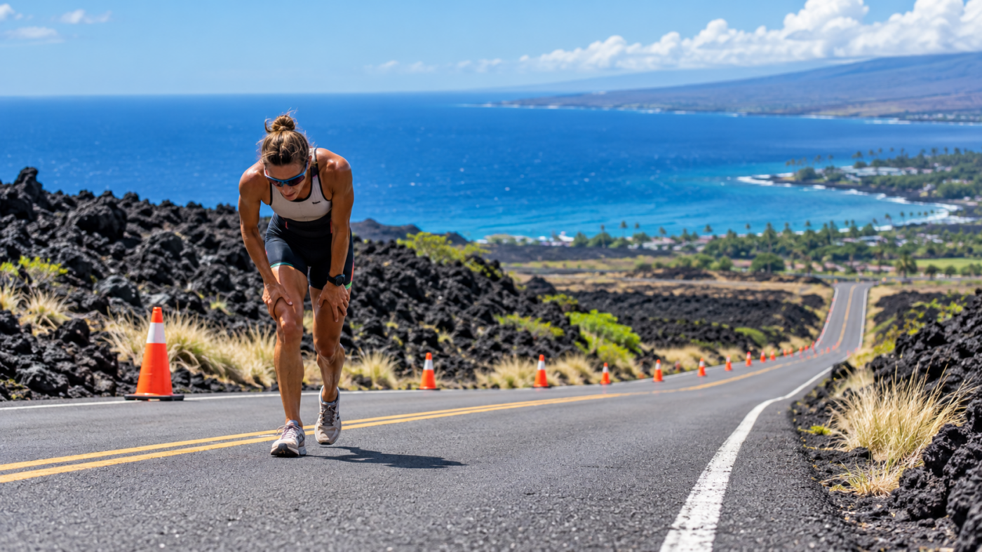 Route d’asphalte descendant entre les champs de lave vers l’océan à Kona, cônes de course au bord
