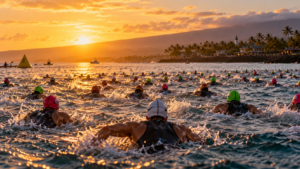 Départ de la natation d’un triathlon au lever du jour dans la baie de Kailua-Kona, nageurs vus de dos