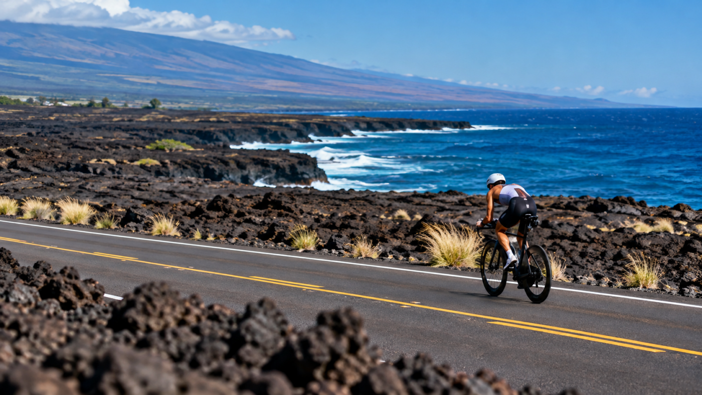 Un triathlète à vélo sur une route qui traverse des champs de lave noire au bord de l'océan