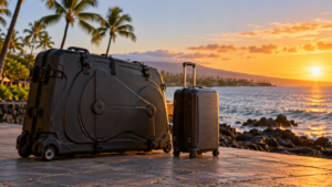 Une valise à vélo et une valise à roulettes posées sur un trottoir de Kailua-Kona, au lever du soleil, face à l’océan