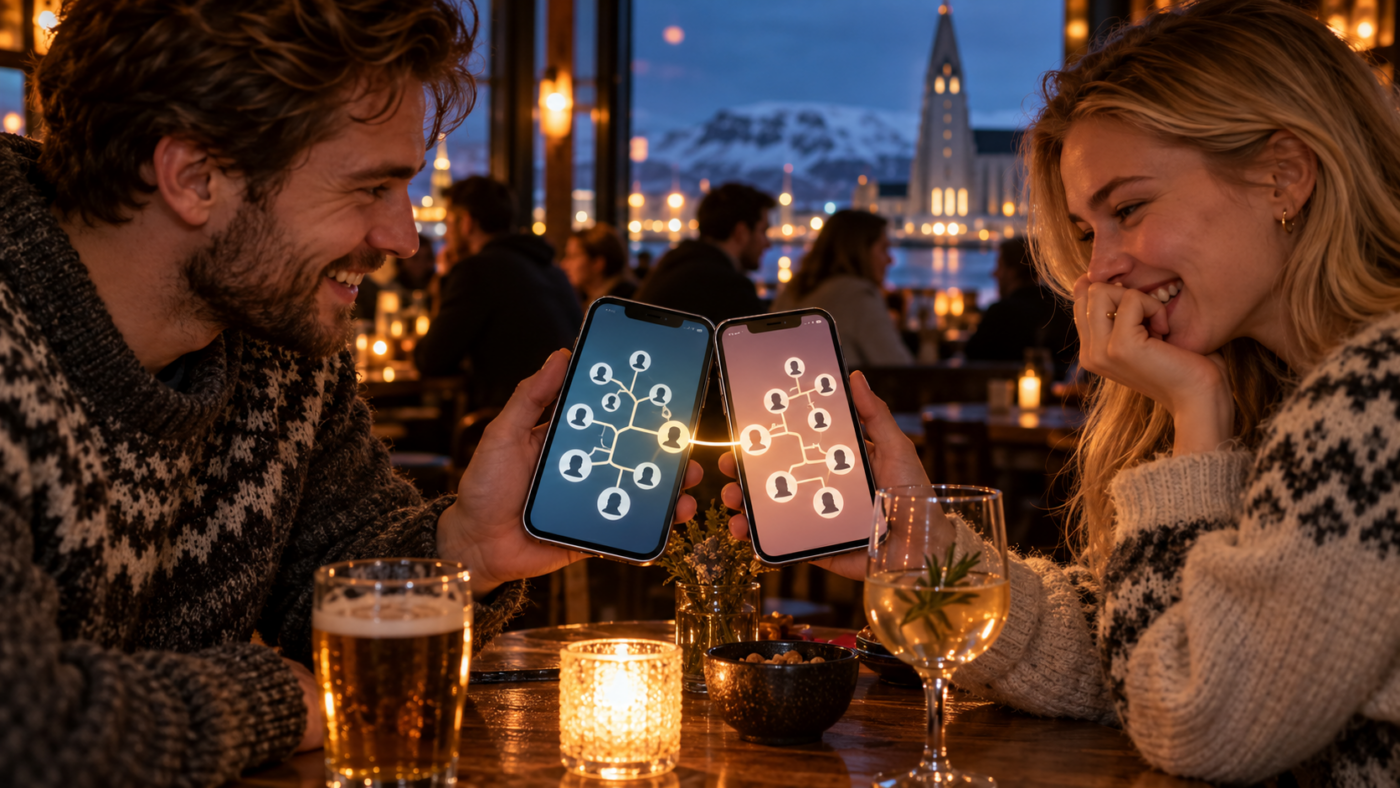 Deux téléphones rapprochés au-dessus d’une table de bar à Reykjavik, écrans allumés sur un arbre généalogique