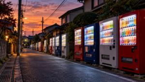 Rangée de distributeurs automatiques éclairés le long d'une rue résidentielle japonaise au crépuscule, sans passant.