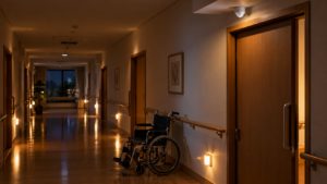Couloir de maison de retraite éclairé en veilleuse, petit capteur au plafond au-dessus d'une porte de chambre, fauteuil roulant vide le long du mur.