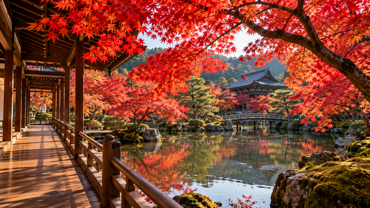 Érables rouges au-dessus d'une allée en bois et d'un étang dans un jardin de temple japonais