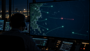 Écran de surveillance aérienne dans une salle sombre, des traces d’avions au-dessus de l’océan, l’une s’interrompt au large.