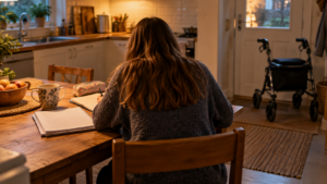 Un adolescent de dos révise à la table de la cuisine, un déambulateur posé près de la porte.