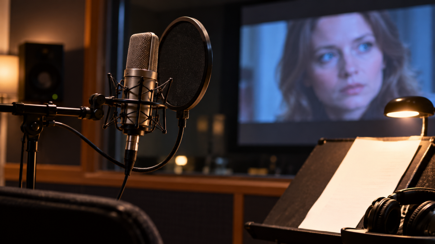 Un micro de studio de doublage devant un écran de projection, dans une cabine d’enregistrement sombre