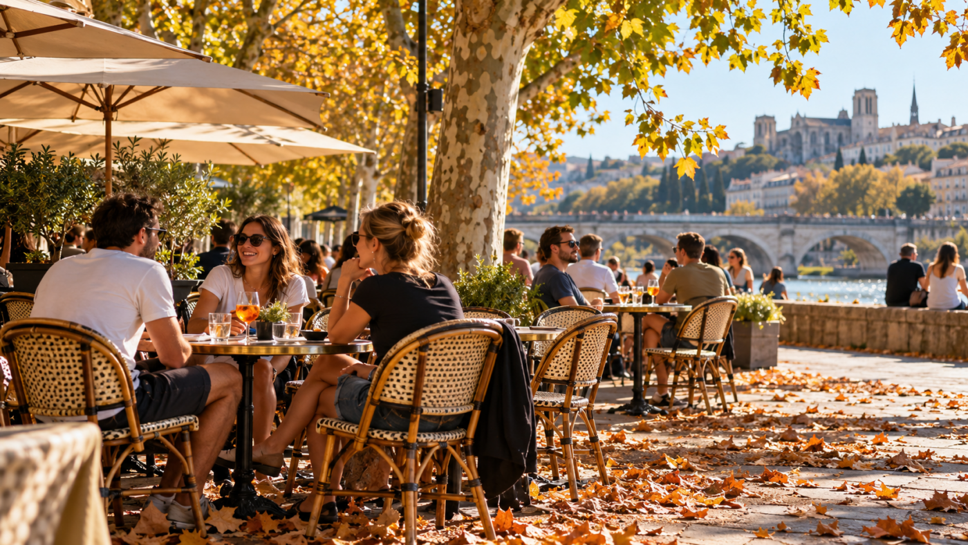 Terrasse de café ensoleillée sous des platanes aux feuilles jaunissantes, feuilles mortes au sol, clients en tee-shirt