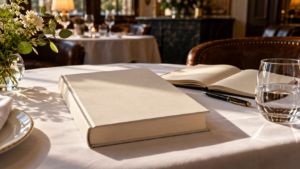 Un roman fermé posé sur la nappe blanche d’une table de restaurant, à côté d’un carnet ouvert, d’un stylo et d’un verre d’eau, sans personne visible.