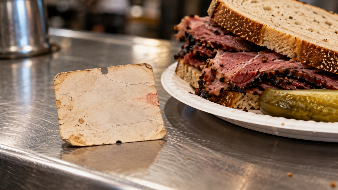 Un petit carton de caisse usé posé sur un comptoir en inox, à côté d'une assiette en carton et d'un sandwich au pastrami.