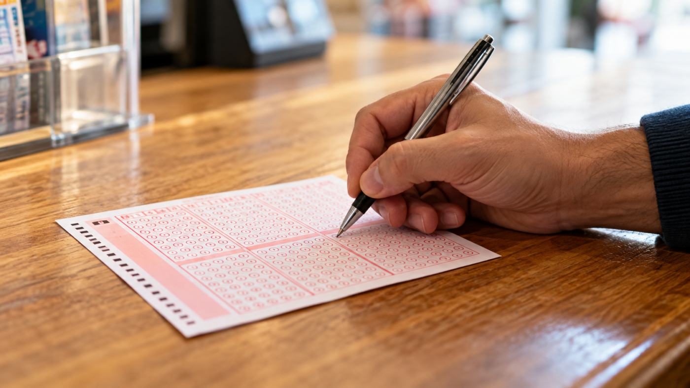 Une main tient un stylo au-dessus d’une grille de loterie vierge posée sur un comptoir en bois