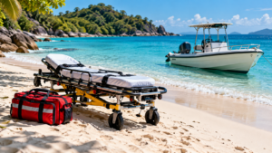 Une civière vide et une trousse médicale rouge posées sur une plage tropicale, près d'un bateau à moteur.