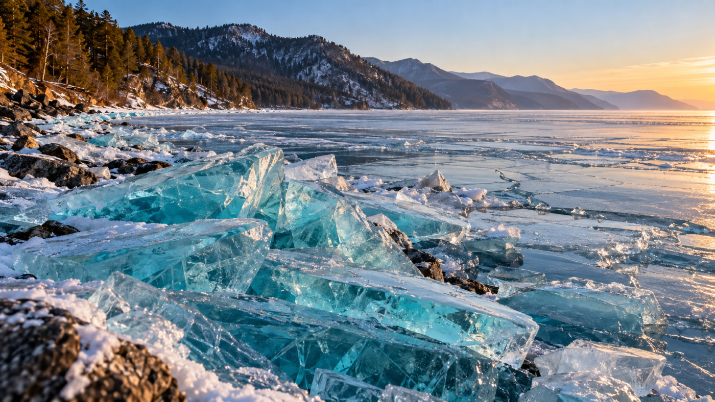 Plaques de glace turquoise empilées sur la rive rocheuse d'un immense lac sibérien bordé de montagnes boisées