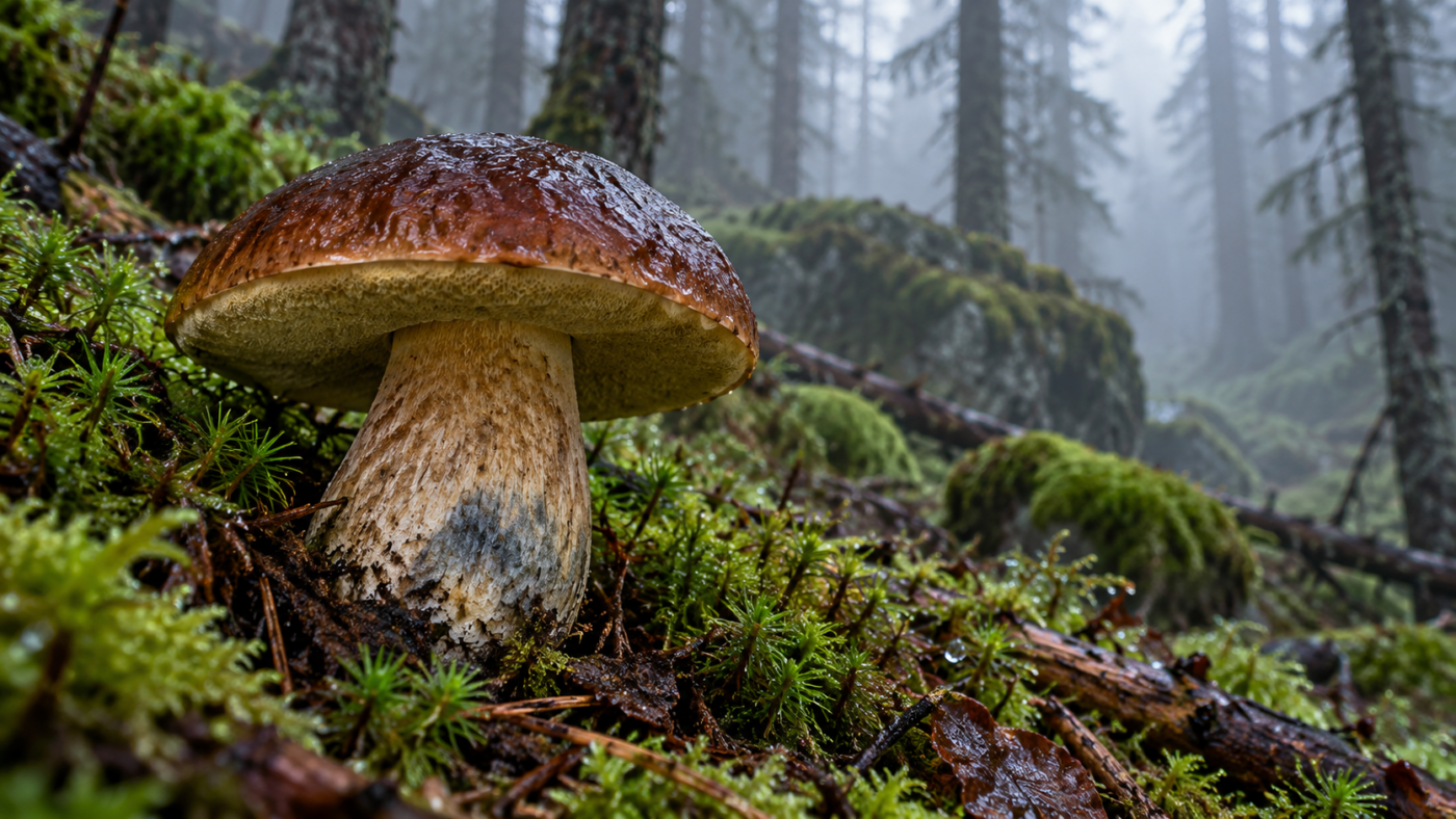 Un bolet sauvage au chapeau brun-rouge sur la mousse d'une forêt de montagne brumeuse, le pied légèrement bleui
