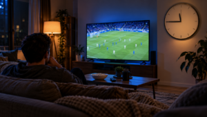 Dans un salon, un jeune homme suit un match de football à la télévision tard dans la nuit, une horloge murale affiche 23 h 45.