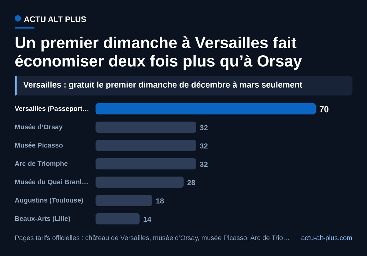 Pour un couple, un premier dimanche gratuit vaut de 14 euros à Lille (fermé le 1er novembre) à 70 euros à Versailles, gratuit seulement de décembre à mars.
