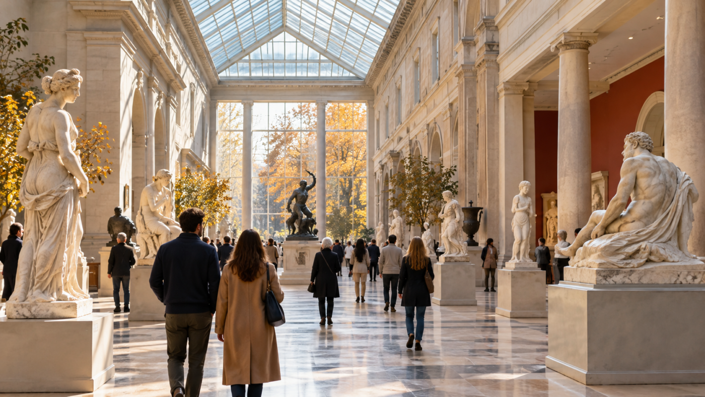 Une grande nef de musée sous verrière, des visiteurs de dos qui déambulent entre les sculptures un dimanche matin d’automne.