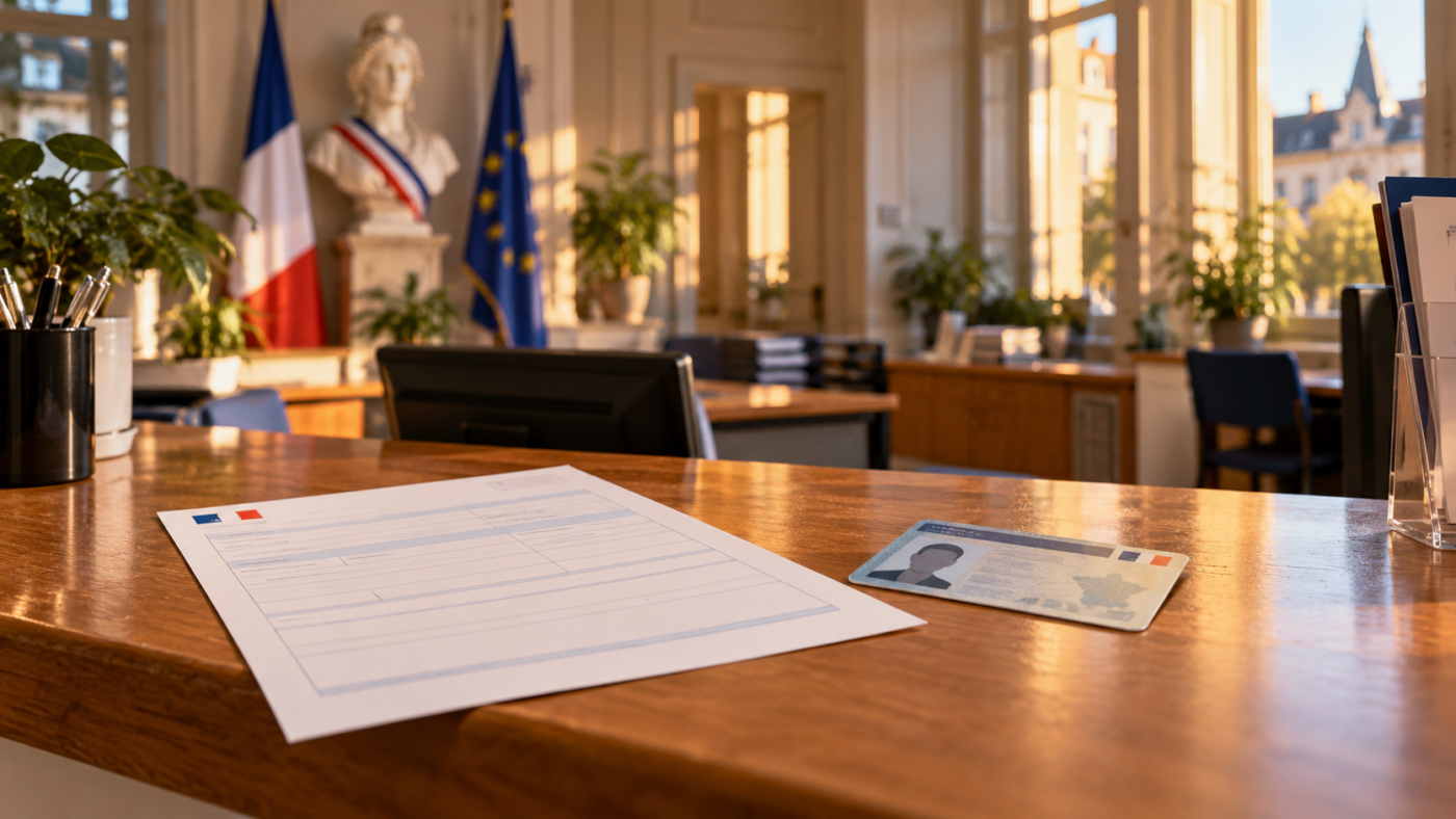 Comptoir d’accueil d’une mairie française en fin de journée, un formulaire vierge et une pièce d’identité posés sur le bois.
