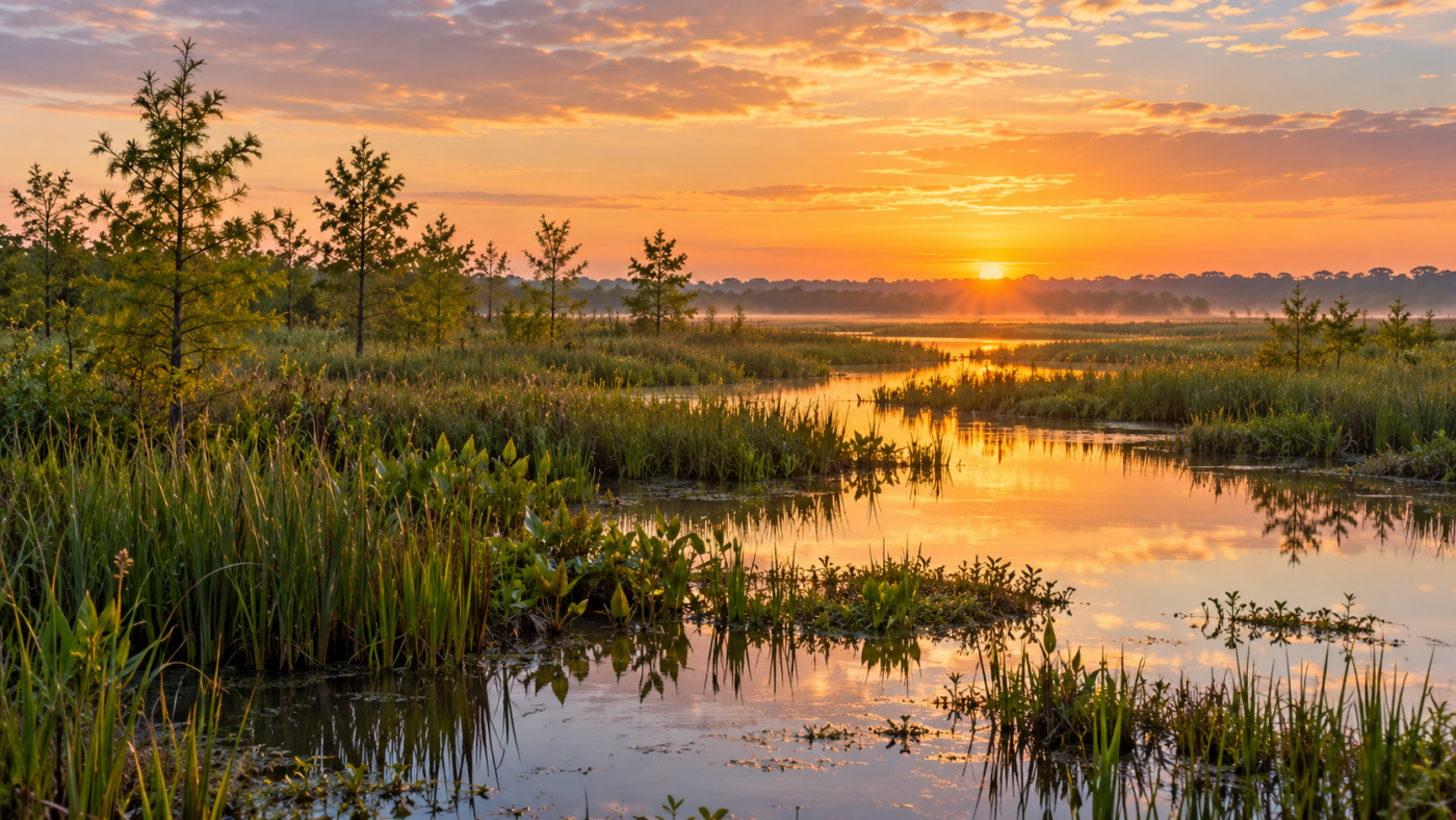 Marais d’eau douce bordé de jeunes arbres natifs et de hautes herbes, au lever du jour en Louisiane.
