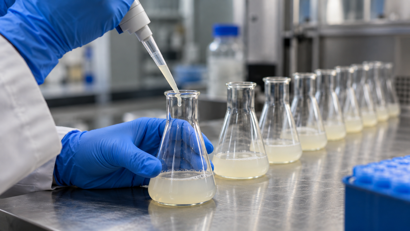 Main gantée transvasant à la pipette un peu de liquide trouble dans un flacon de laboratoire propre, rangée de flacons identiques derrière.