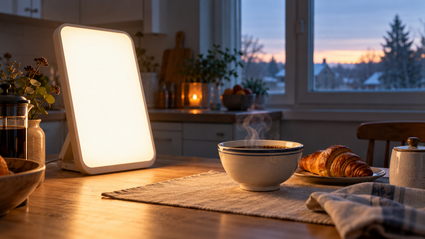 Lampe de luminothérapie allumée sur une table de cuisine, au petit matin, à côté d’un bol de café