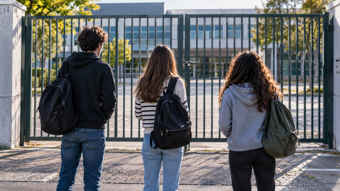 Devant le portail fermé d’un lycée, trois adolescents vus de dos attendent, sac sur l’épaule.