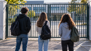 Devant le portail fermé d’un lycée, trois adolescents vus de dos attendent, sac sur l’épaule.