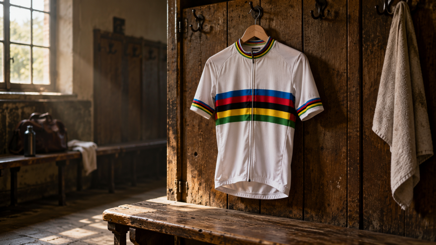 Un maillot de cycliste blanc barré de cinq bandes de couleur, suspendu dans un vieux vestiaire.