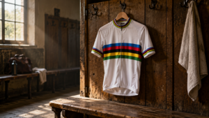 Un maillot de cycliste blanc barré de cinq bandes de couleur, suspendu dans un vieux vestiaire.