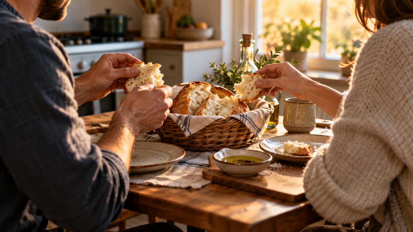 Deux adultes partagent une corbeille de pain blanc à une petite table de cuisine, dans la lumière d’une fin d’après-midi.