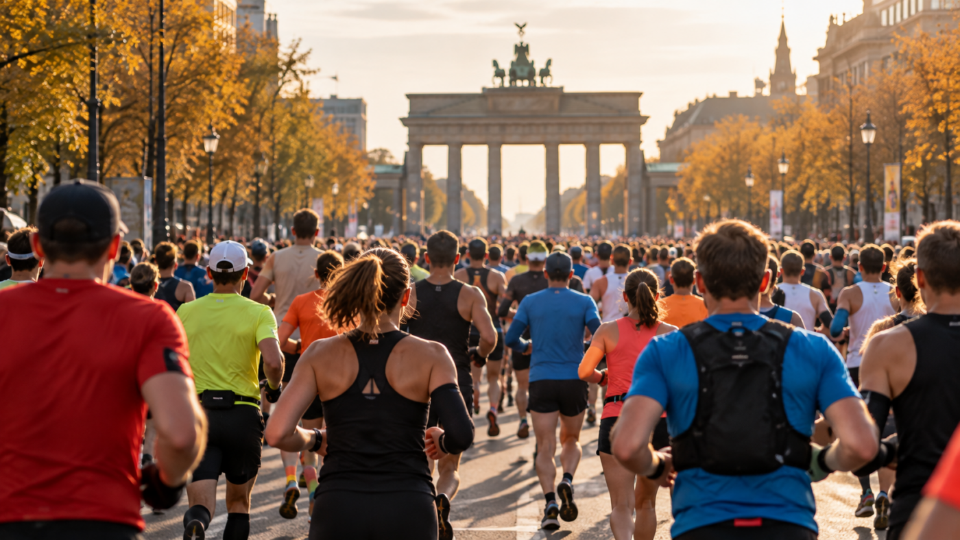Une foule de coureurs amateurs vus de dos sur un large boulevard de Berlin, un matin d’automne