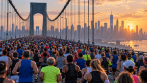 Des milliers de coureurs de dos traversent un pont suspendu vers les gratte-ciel de New York au lever du jour
