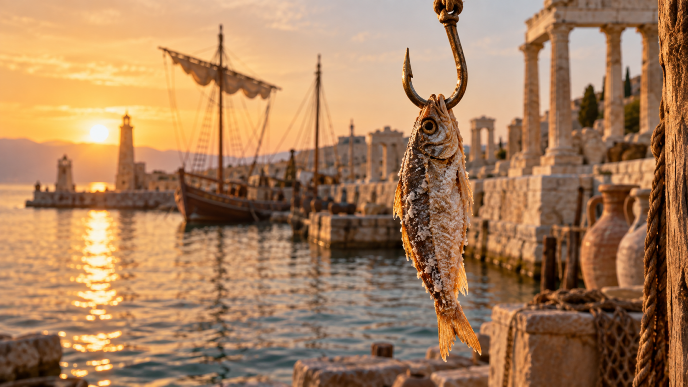 Un hameçon de bronze portant un poisson salé, au-dessus de l’eau calme d’un port antique.