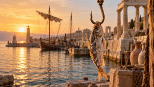 Un hameçon de bronze portant un poisson salé, au-dessus de l’eau calme d’un port antique.