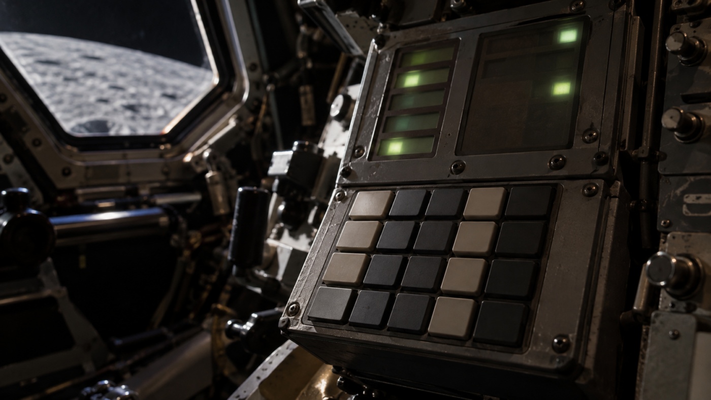 Clavier d’un ordinateur de bord des années 1960, voyants verts allumés, dans un cockpit de module lunaire faiblement éclairé