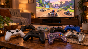 Huit manettes de jeu posées sur une table basse devant un téléviseur allumé, dans un salon le soir