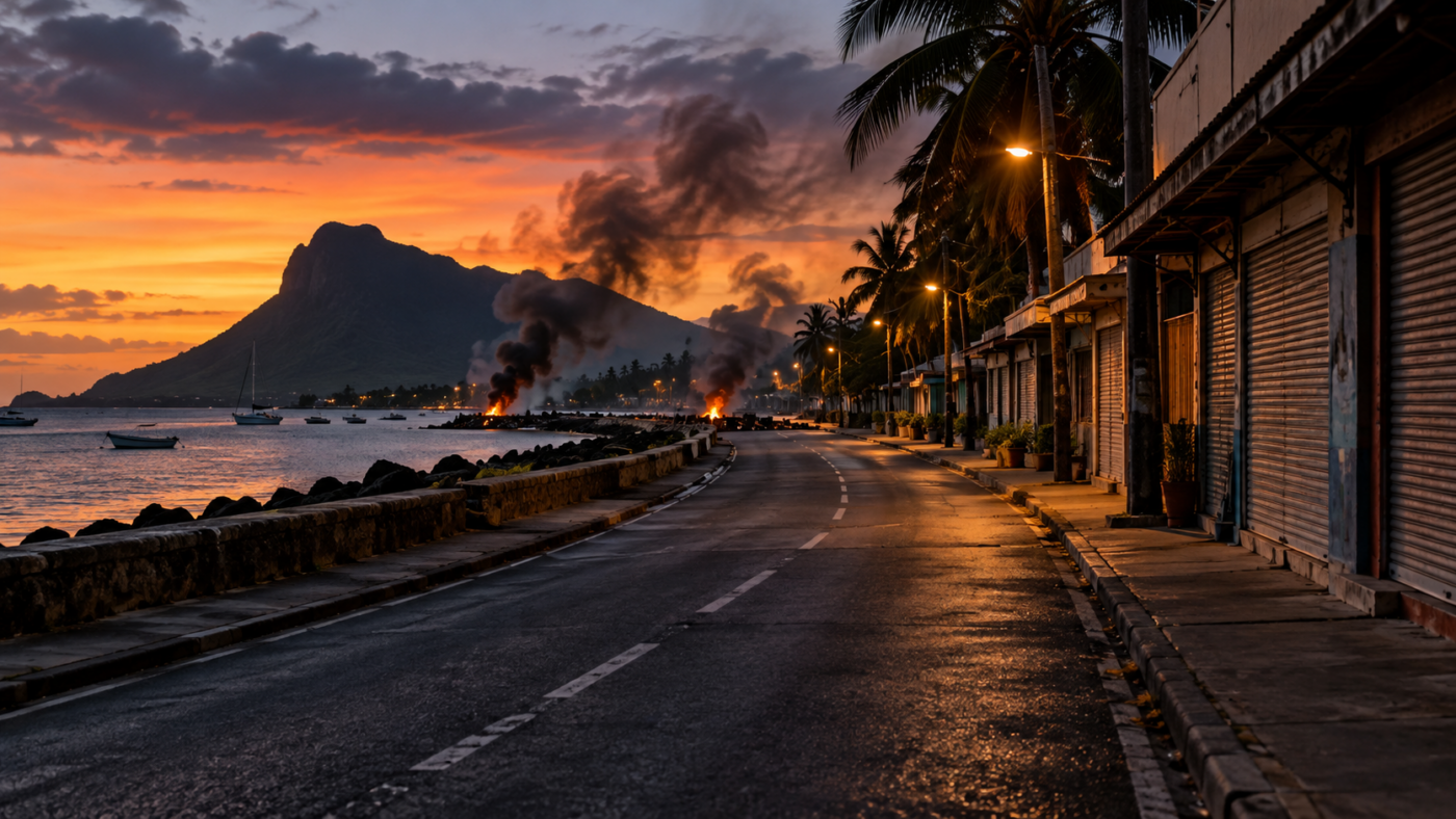Route côtière déserte à l’île Maurice au crépuscule, rideaux de boutiques baissés et pneus fumants au loin