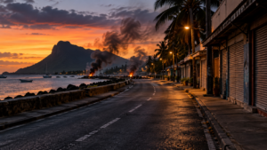 Route côtière déserte à l’île Maurice au crépuscule, rideaux de boutiques baissés et pneus fumants au loin