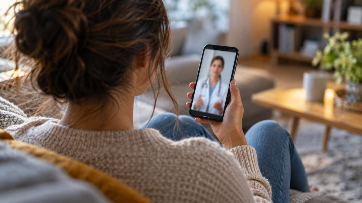Un jeune adulte, vu de dos, regarde sur son smartphone la vidéo floue d'une personne en blouse blanche avec un stéthoscope.
