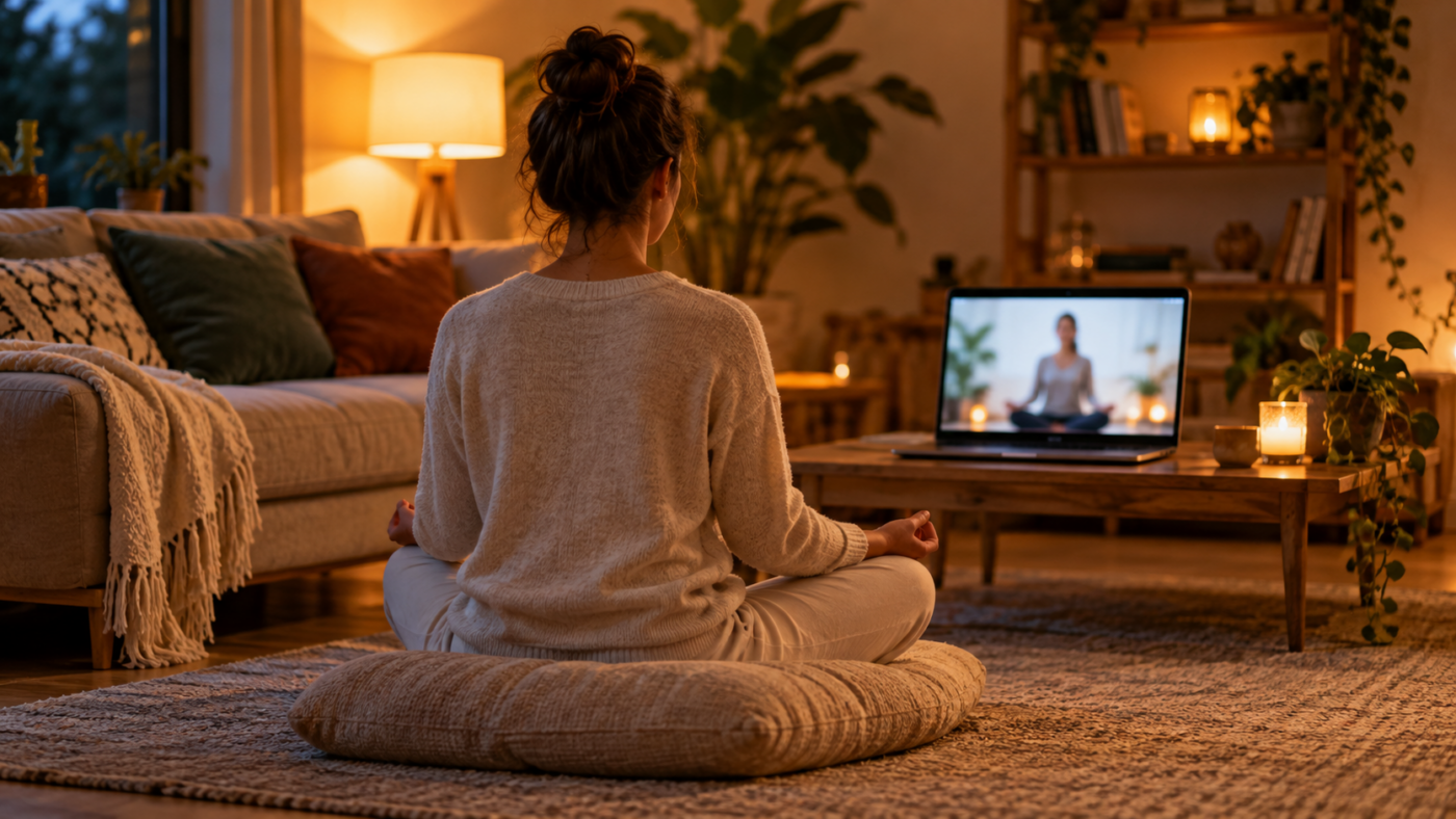 Une personne assise en tailleur sur un coussin, de dos, devant un ordinateur portable ouvert sur une visioconférence floue, dans un salon éclairé par une lampe