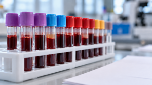 Des tubes de prélèvement sanguin alignés dans un portoir de laboratoire, à côté de feuilles de résultats.