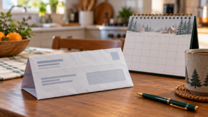 Un avis d'impôt plié posé sur une table de cuisine près d'un calendrier ouvert sur décembre