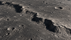 Une longue falaise de compression barre une plaine grise criblée de cratères, sous un soleil rasant.