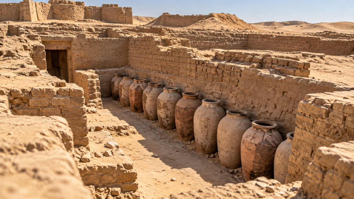 Fouille d'un complexe funéraire en briques de terre crue dans le désert égyptien, jarres d'argile alignées au fond d'une tranchée.